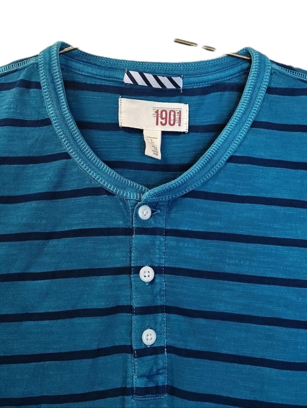 1901 Slub Cotton Henley T-Shirt Men Large Teal Navy Striped Nautical Preppy Nwot